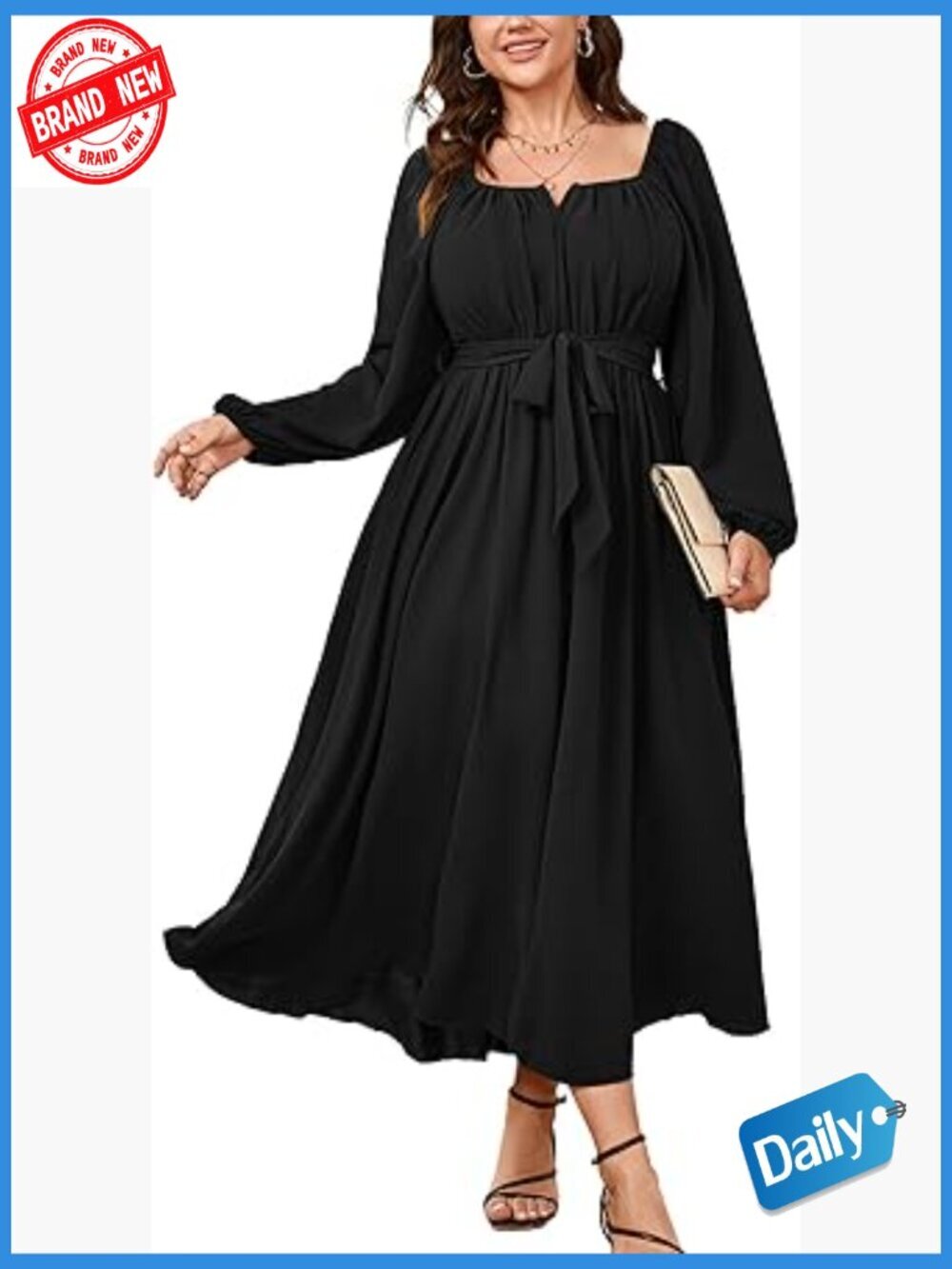 Plus Size Maxi Dress Long Sleeve Square Neck Wedding Guest Cocktail Belted A